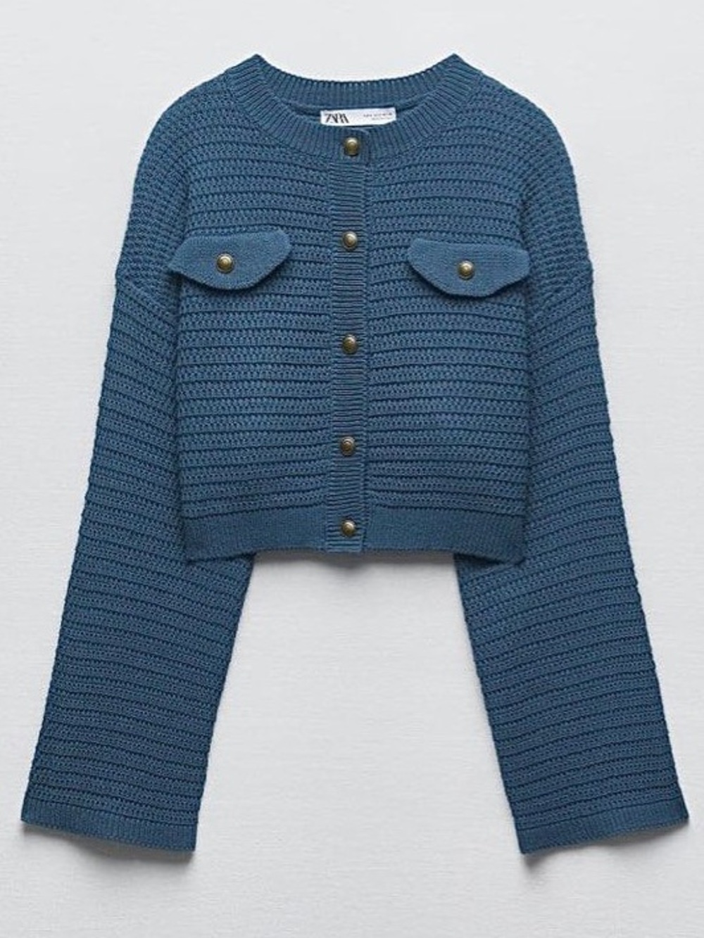 Zara Cropped Knit Lady Jacket Cardigan Size Medium Blue Crewneck Button Up
